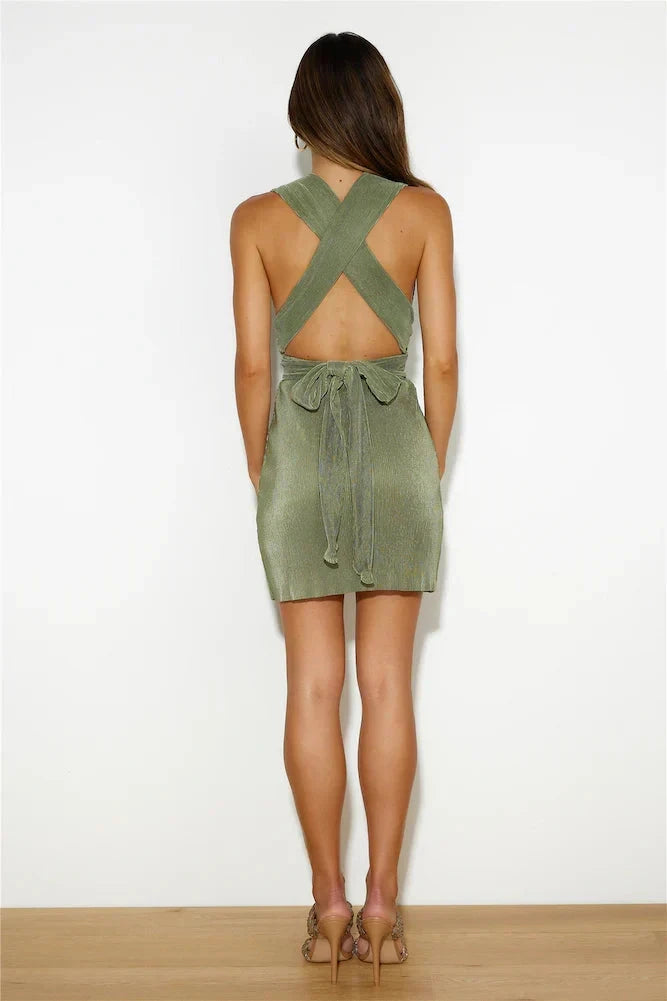 Olive Green Halter Mini Dress with Crisscross Back and Tie Detail Mini Dress with Elastic Wrinkles Short Prom Dress by YiHuiw