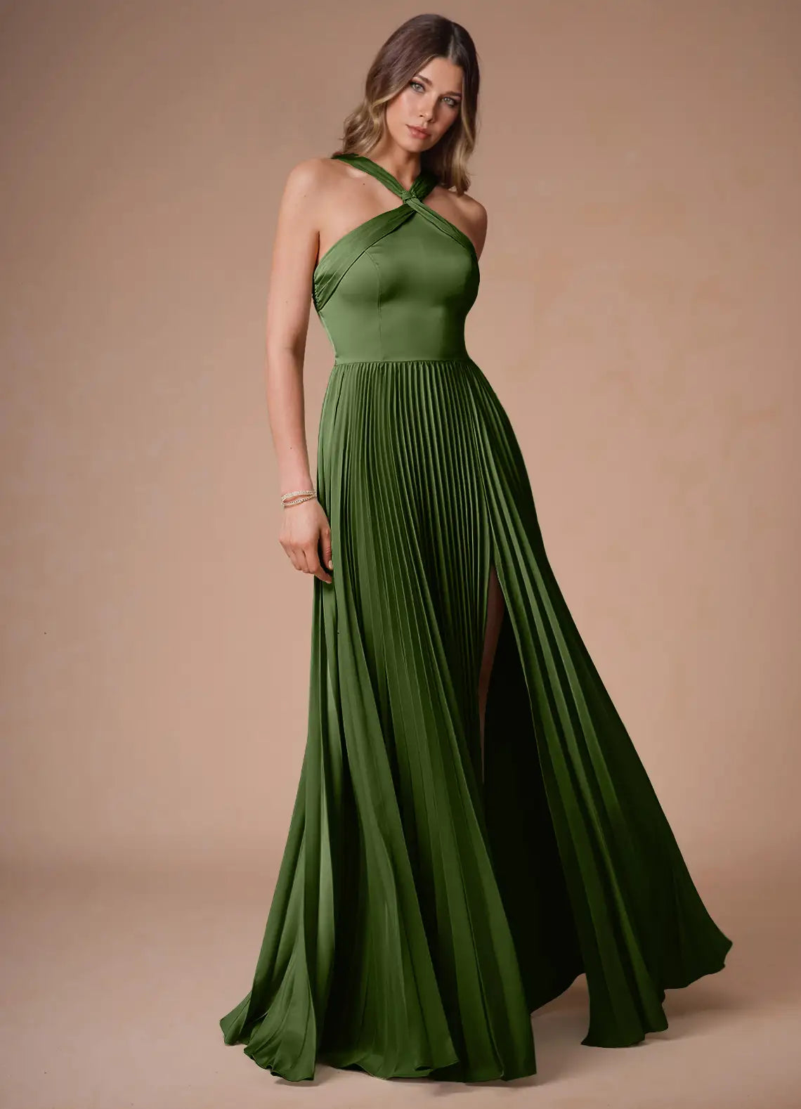 Green Halter Satin High Slit Floor-Length Wedding Dress - Yihuiw by Yihuiw