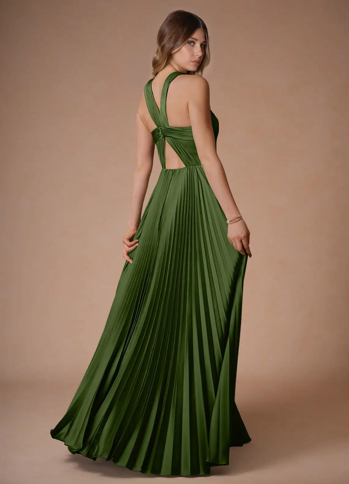 Green Halter Satin High Slit Floor-Length Wedding Dress - Yihuiw by Yihuiw