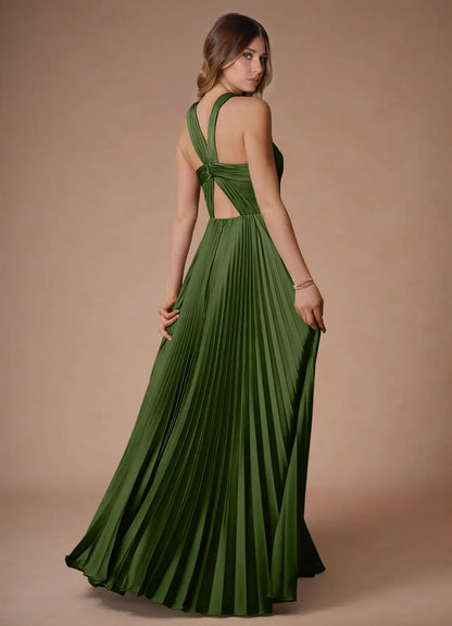 Green Halter Satin High Slit Floor-Length Wedding Dress - Yihuiw by Yihuiw