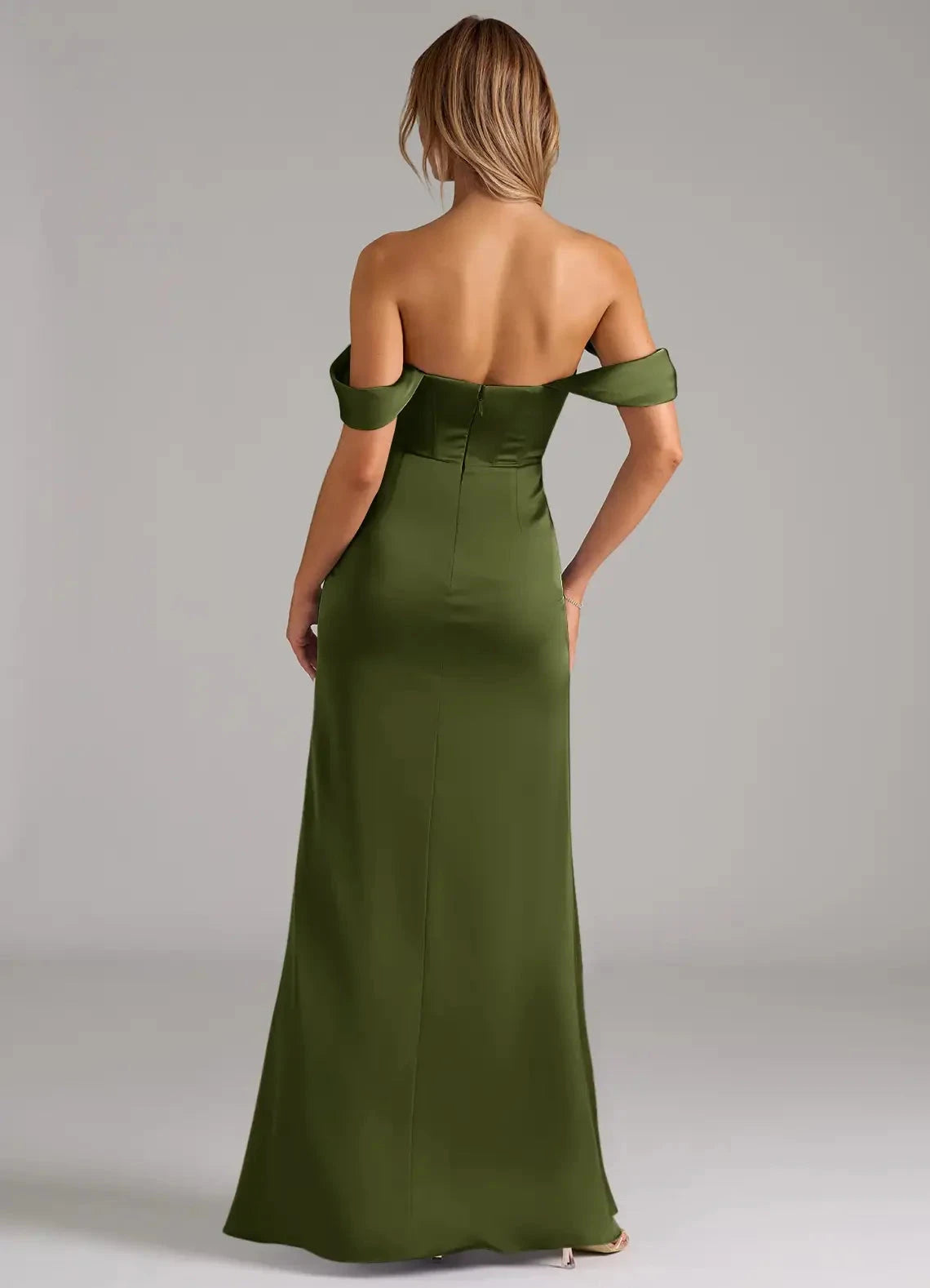 Olive Green Off-Shoulder Satin Maxi Dress with Side Slit Olive Mermaid Off the Shoulder Stretch Satin Convertible Dress Bridesmaid Dresses by YiHuiw