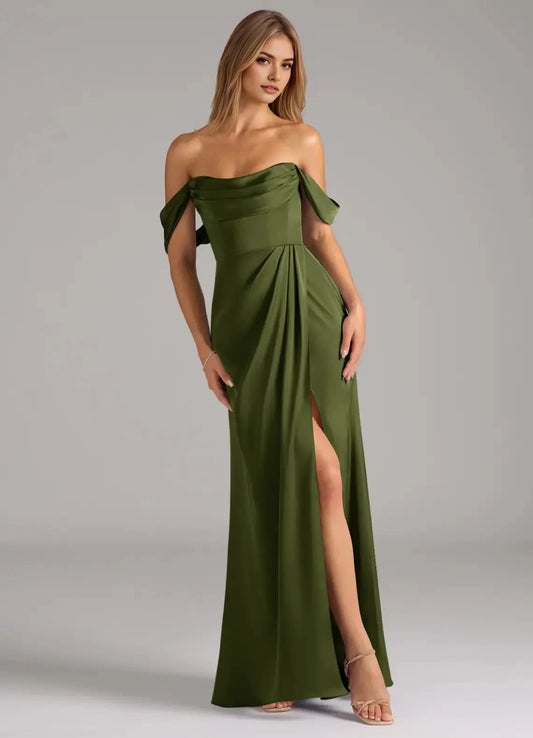 Olive Green Off-Shoulder Satin Maxi Dress with Side Slit Olive Mermaid Off the Shoulder Stretch Satin Convertible Dress Bridesmaid Dresses by YiHuiw