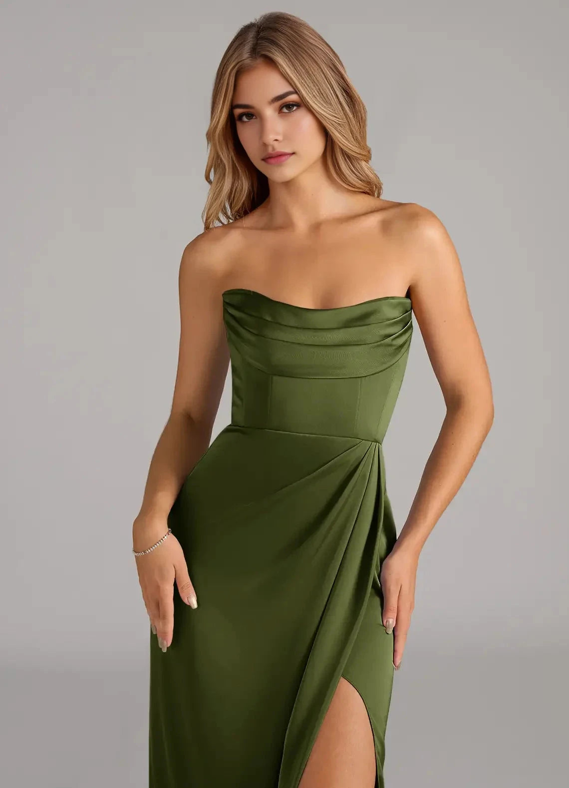 Olive Green Off-Shoulder Satin Maxi Dress with Side Slit Olive Mermaid Off the Shoulder Stretch Satin Convertible Dress Bridesmaid Dresses by YiHuiw