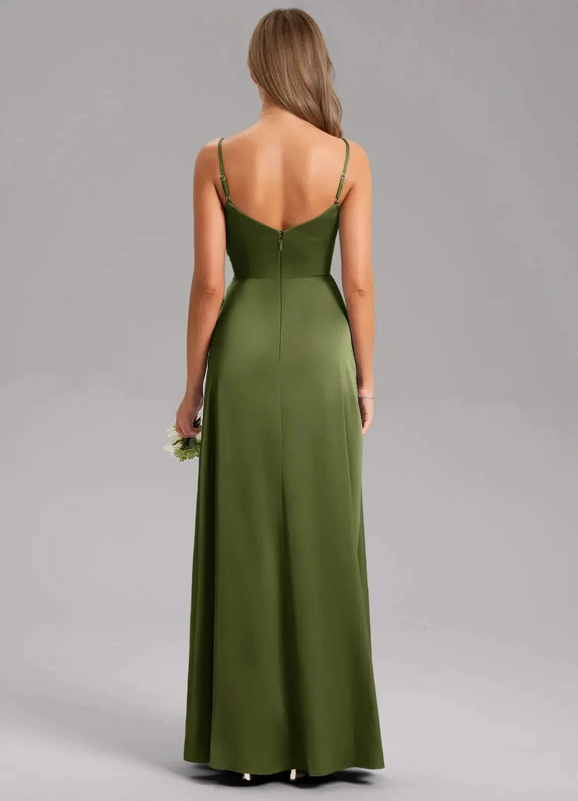 Olive Green Satin Spaghetti Strap Maxi Dress with Side Slit A-Line Pleated Stretch Satin Dress Bridesmaid Dresses by YiHuiw