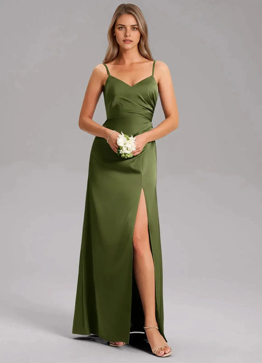 Olive Green Satin Spaghetti Strap Maxi Dress with Side Slit A-Line Pleated Stretch Satin Dress Bridesmaid Dresses by YiHuiw