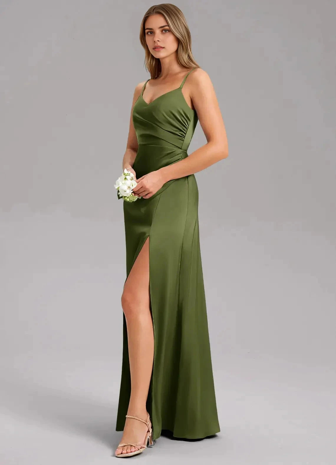 Olive Green Satin Spaghetti Strap Maxi Dress with Side Slit A-Line Pleated Stretch Satin Dress Bridesmaid Dresses by YiHuiw