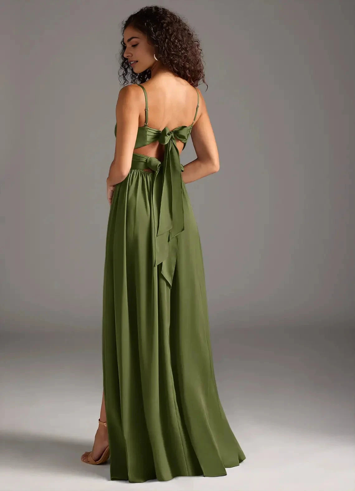 Olive Green Twist Front Maxi Dress with Side Slit and Back Bow Olive A-Line Pleated Stretch Satin Dress Bridesmaid Dresses by YiHuiw