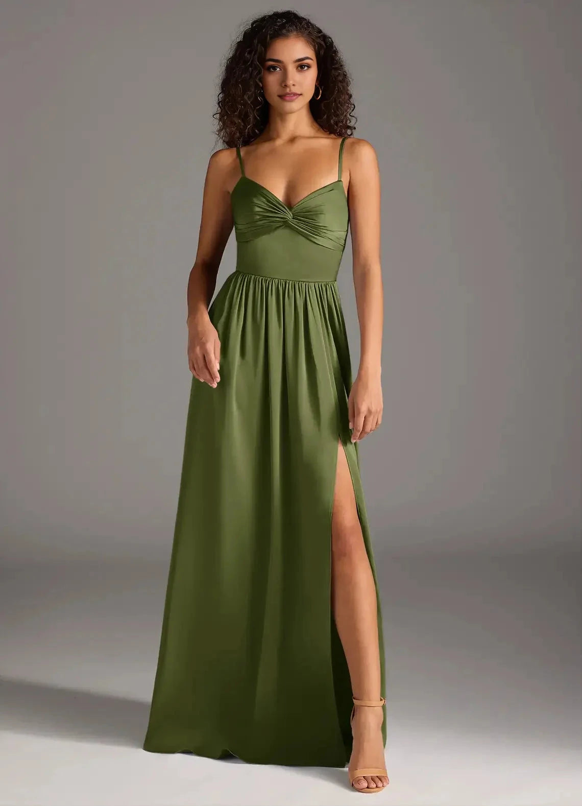 Olive Green Twist Front Maxi Dress with Side Slit and Back Bow Olive A-Line Pleated Stretch Satin Dress Bridesmaid Dresses by YiHuiw