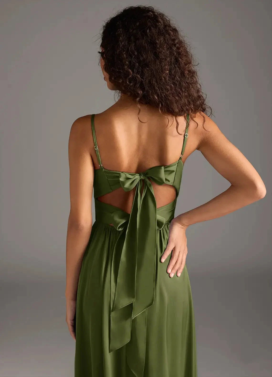 Olive Green Twist Front Maxi Dress with Side Slit and Back Bow Olive A-Line Pleated Stretch Satin Dress Bridesmaid Dresses by YiHuiw