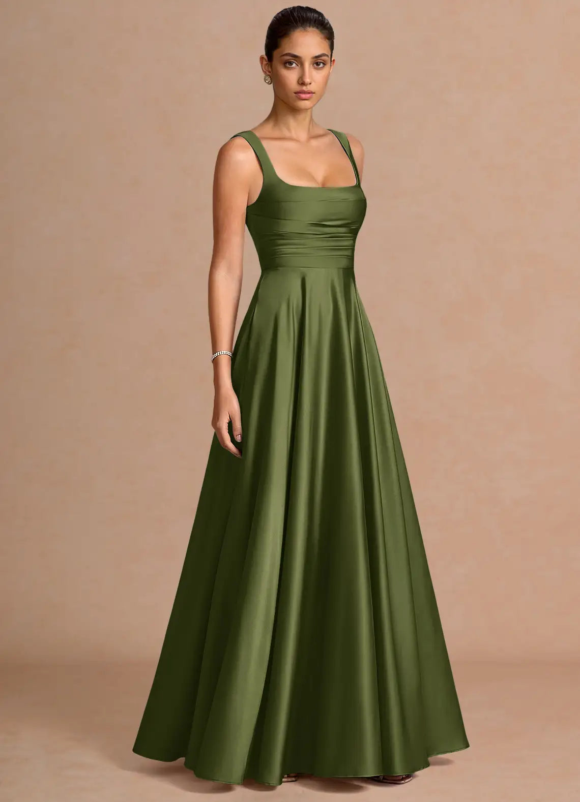 Green A-Line Square Neck Satin Floor-Length Wedding Dress - Yihuiw by Yihuiw