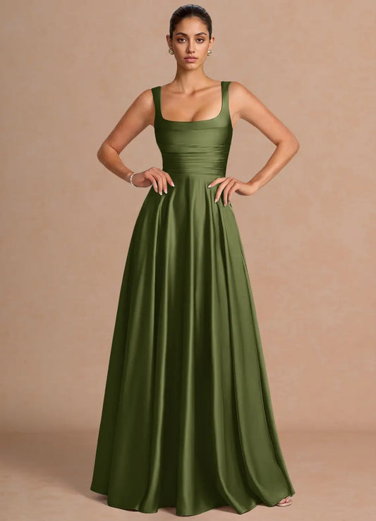 Green A-Line Square Neck Satin Floor-Length Wedding Dress - Yihuiw by Yihuiw