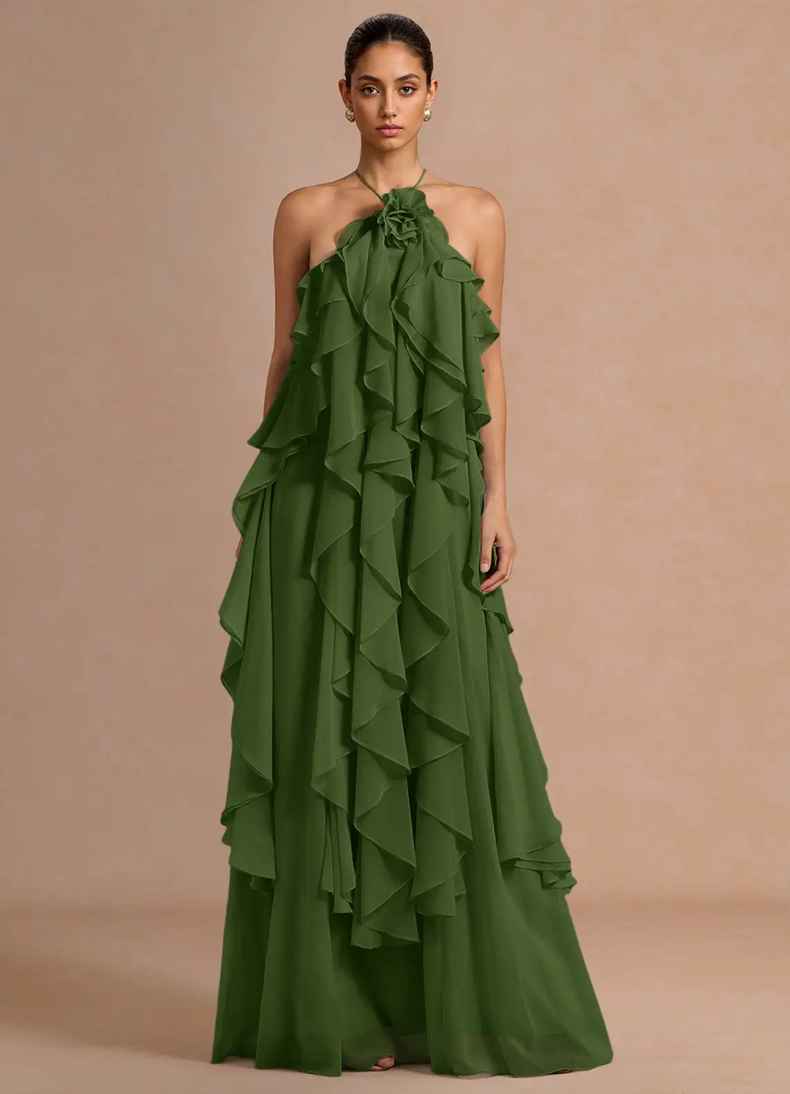 Halter Chiffon Ruffled Floor-Length Wedding Dress - Yihuiw by Yihuiw