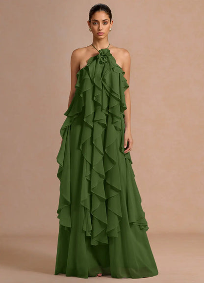 Halter Chiffon Ruffled Floor-Length Wedding Dress - Yihuiw by Yihuiw