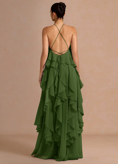 Halter Chiffon Ruffled Floor-Length Wedding Dress - Yihuiw by Yihuiw