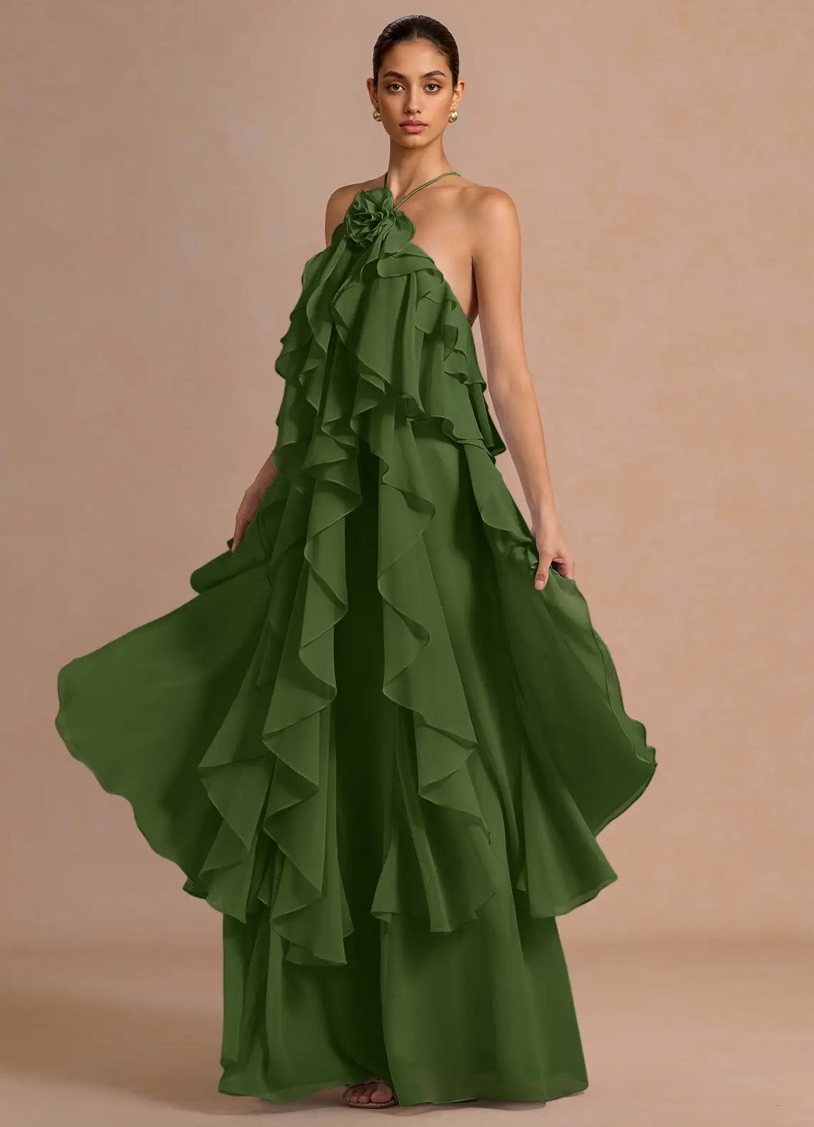 Halter Chiffon Ruffled Floor-Length Wedding Dress - Yihuiw by Yihuiw