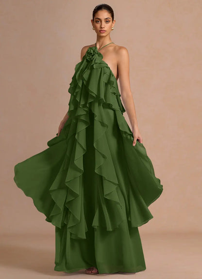 Halter Chiffon Ruffled Floor-Length Wedding Dress - Yihuiw by Yihuiw
