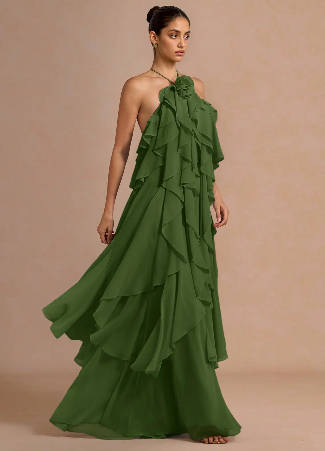 Halter Chiffon Ruffled Floor-Length Wedding Dress - Yihuiw by Yihuiw
