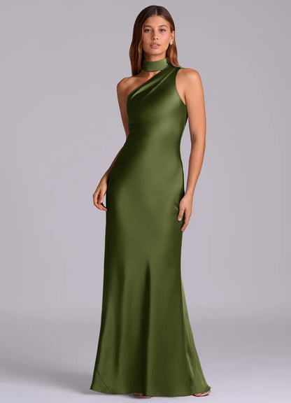 Mermaid Halter Satin Draped Floor-Length Wedding Dress - Yihuiw by Yihuiw