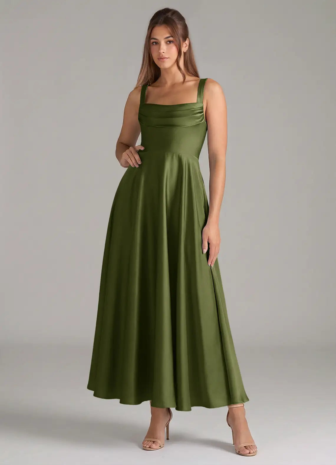 A-Line Cowl Neck Satin Midi Wedding Dress - Yihuiw by Yihuiw