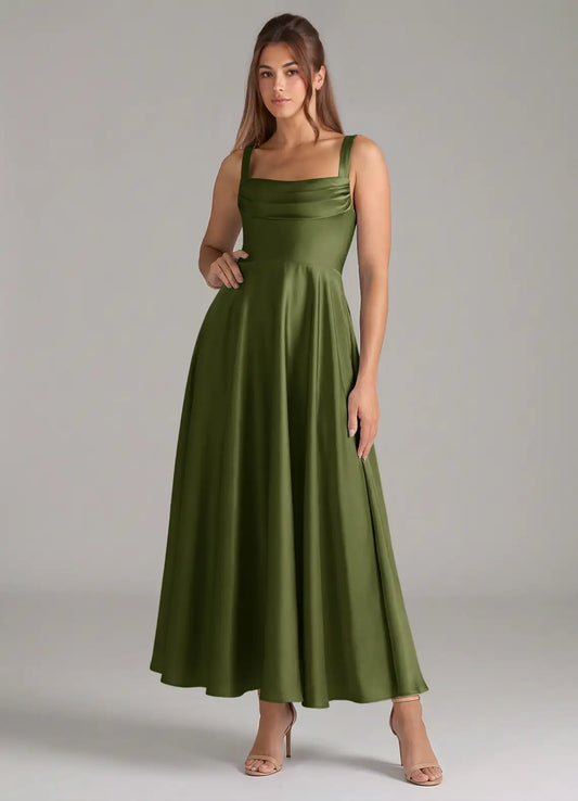 A-Line Cowl Neck Satin Midi Wedding Dress - Yihuiw by Yihuiw