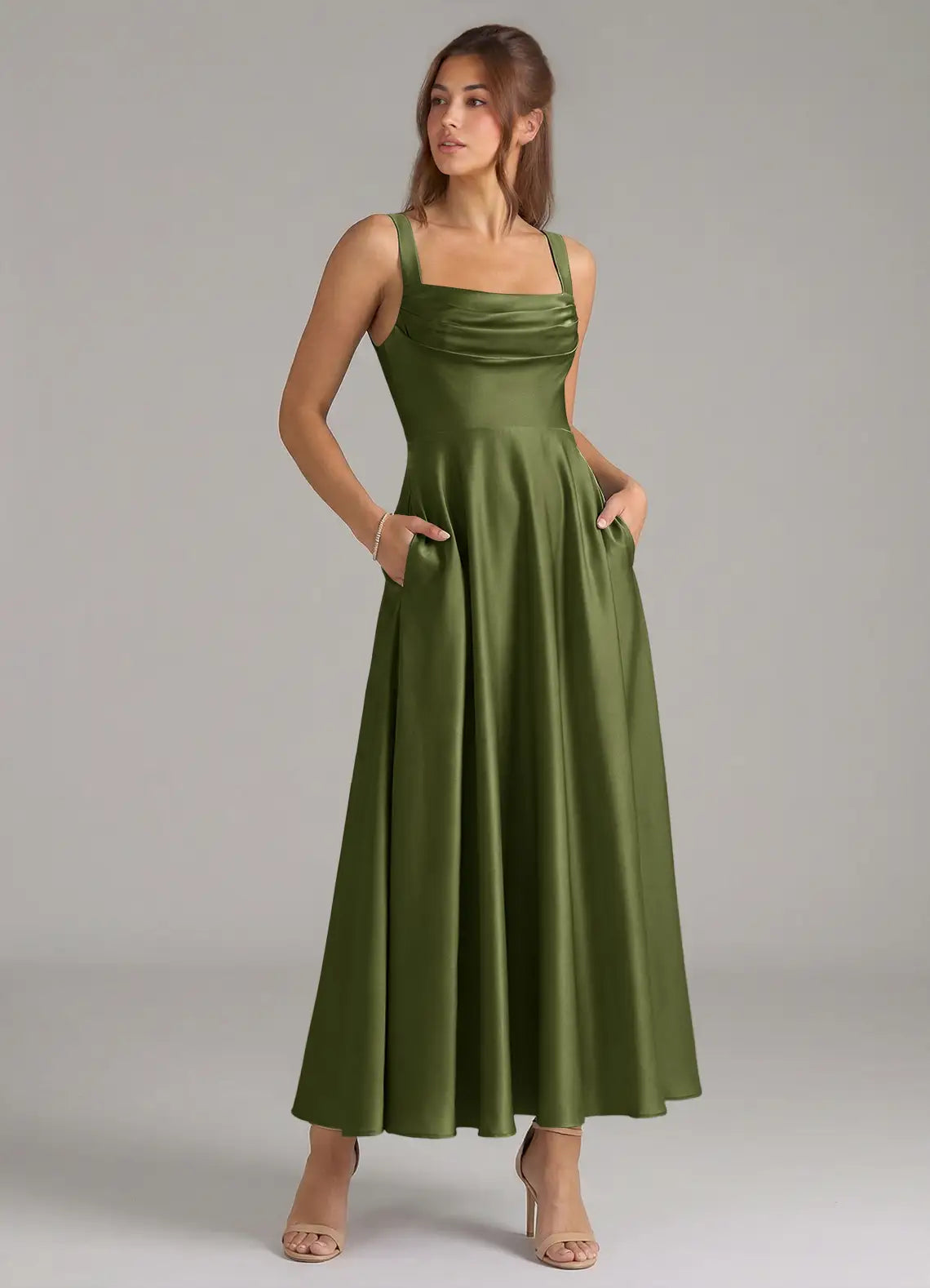 A-Line Cowl Neck Satin Midi Wedding Dress - Yihuiw by Yihuiw