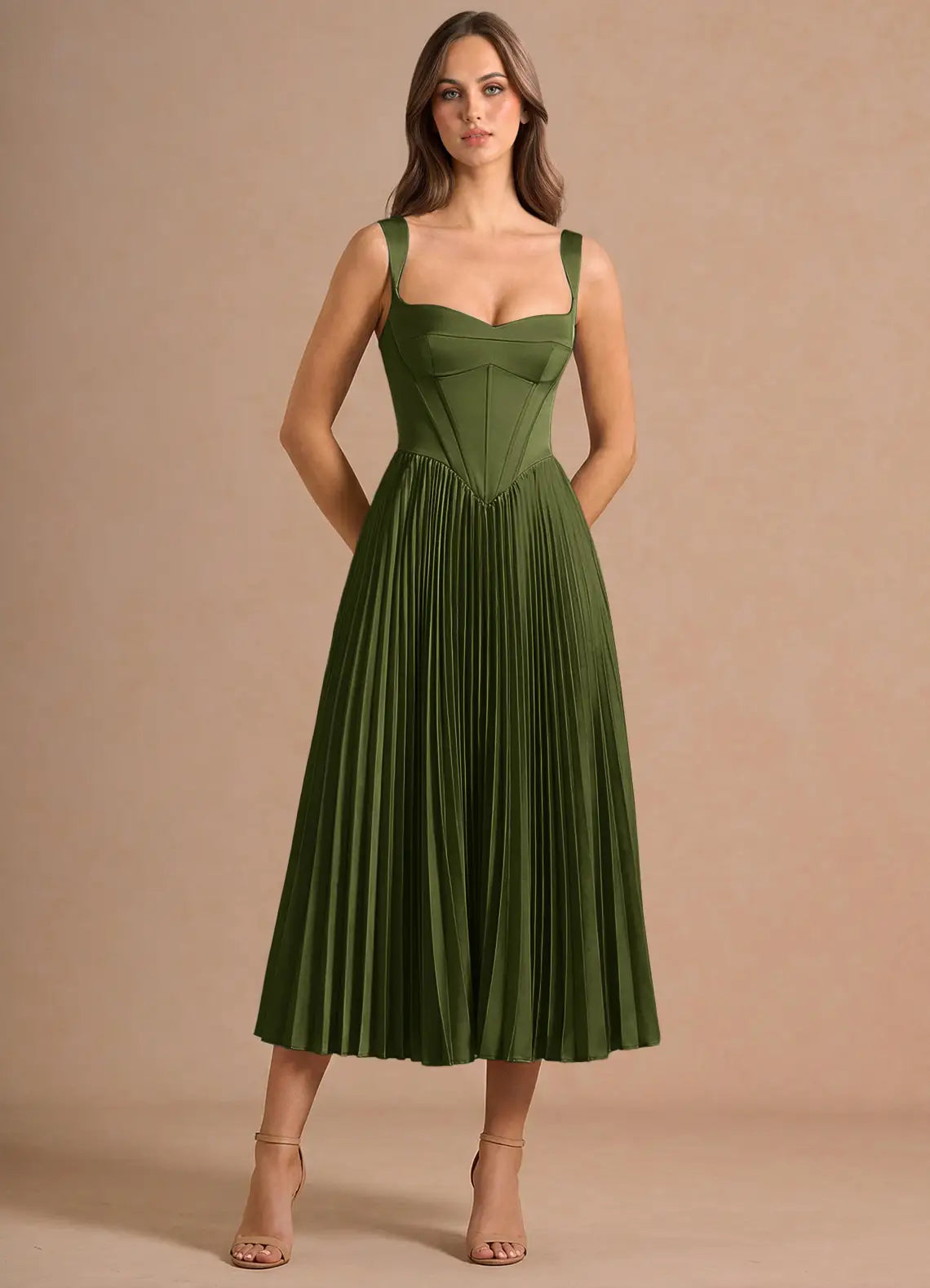 Sweetheart Satin Lace-Up Back Pleated Midi Wedding Dress - Yihuiw by Yihuiw