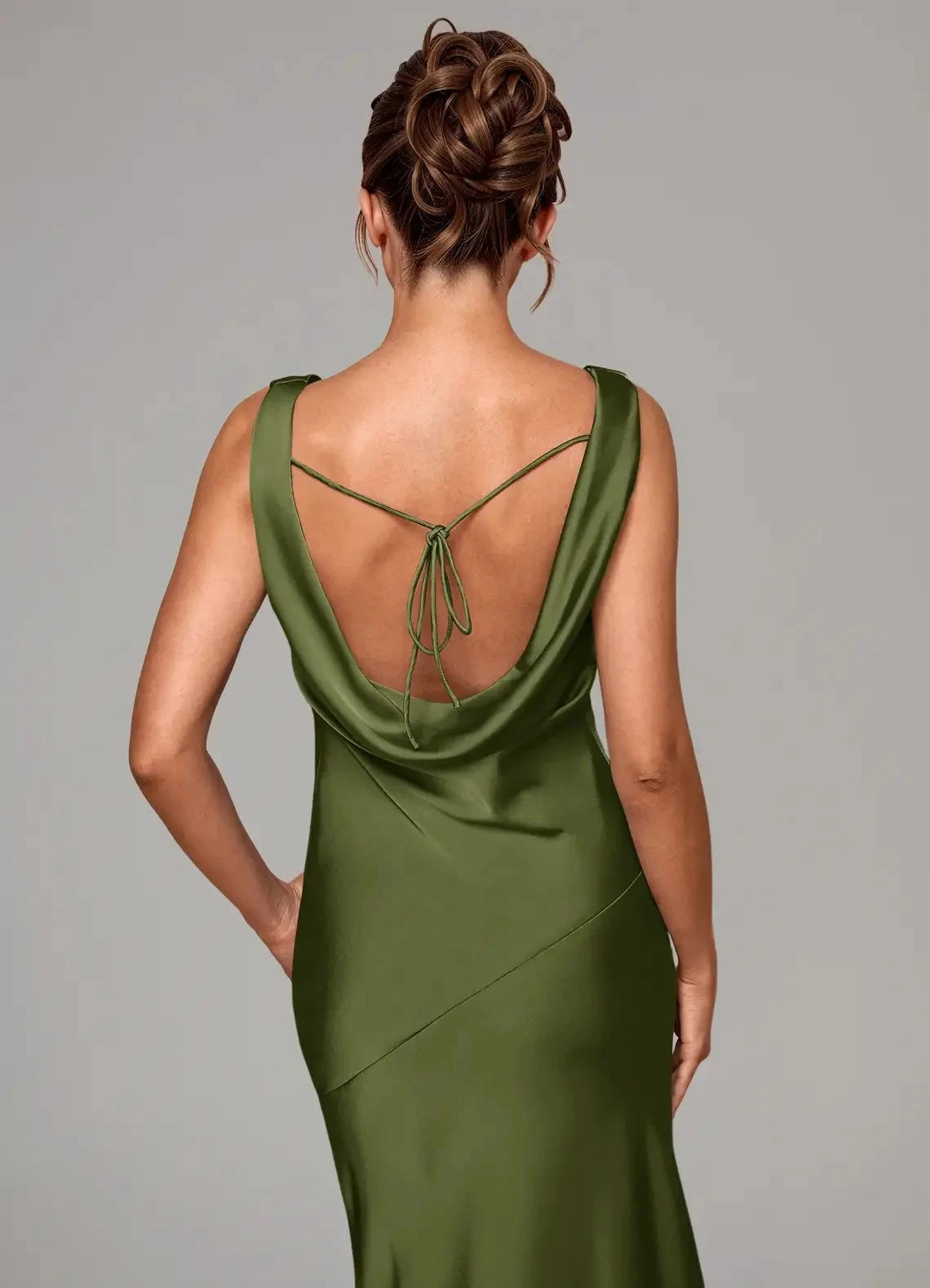 Olive Green Satin Cowl Neck Mermaid Maxi Dress Olive Mermaid Stretch Satin Dress Bridesmaid Dresses by YiHuiw