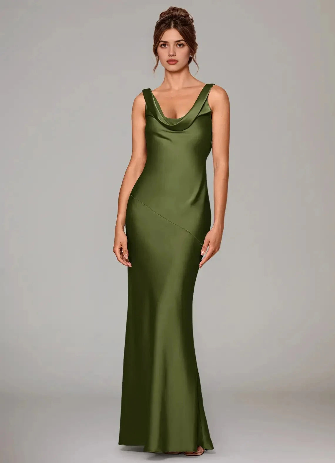 Olive Green Satin Cowl Neck Mermaid Maxi Dress Olive Mermaid Stretch Satin Dress Bridesmaid Dresses by YiHuiw