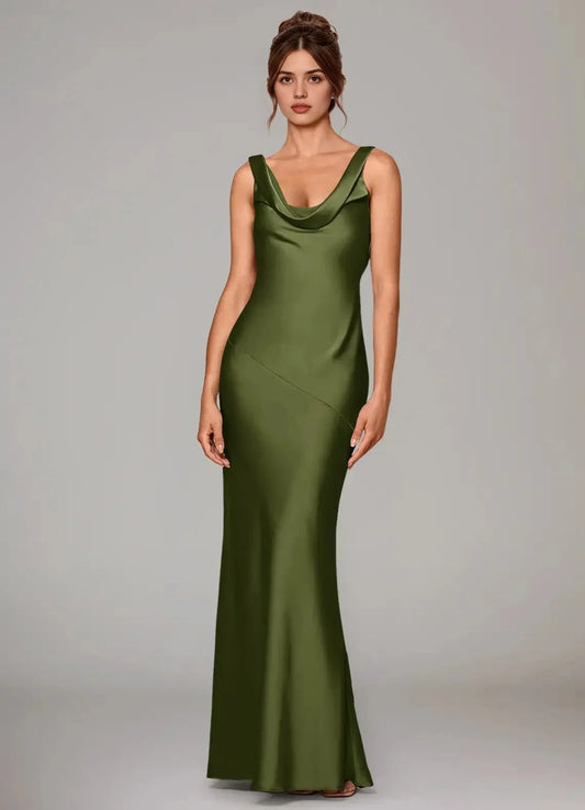 Olive Green Satin Cowl Neck Mermaid Maxi Dress Olive Mermaid Stretch Satin Dress Bridesmaid Dresses by YiHuiw