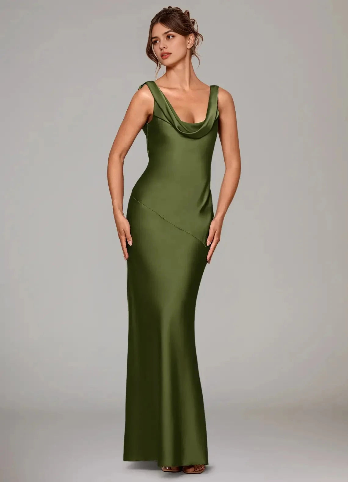 Olive Green Satin Cowl Neck Mermaid Maxi Dress Olive Mermaid Stretch Satin Dress Bridesmaid Dresses by YiHuiw