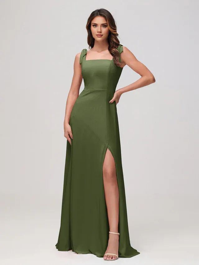 Square Neck Chiffon High Slit Wedding Dress - Yihuiw by Yihuiw