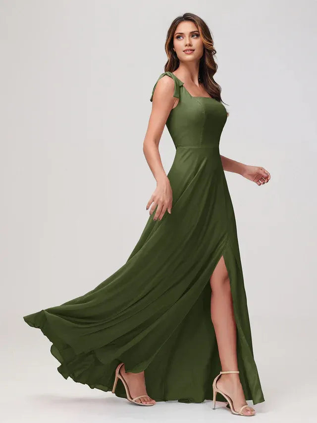 Square Neck Chiffon High Slit Wedding Dress - Yihuiw by Yihuiw