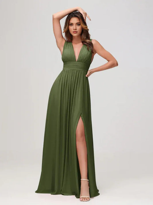 Empire Waist High Neck Chiffon Sleeveless High Slit Wedding Dress - Yihuiw by Yihuiw