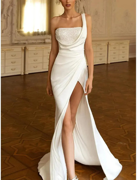Mermaid One-Shoulder Satin High Slit Wedding Dress - Yihuiw by Yihuiw