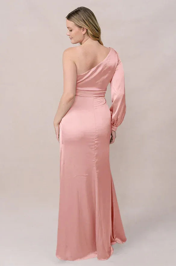 Mermaid One-Shoulder Satin Long Sleeve Wedding Dress - Yihuiw by Yihuiw