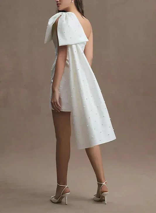 One-Shoulder Satin Draped Mini Wedding Dress - Yihuiw by Yihuiw