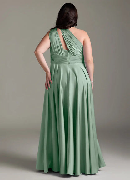 One-Shoulder Satin Pleated Floor-Length Wedding Dress - Yihuiw by Yihuiw