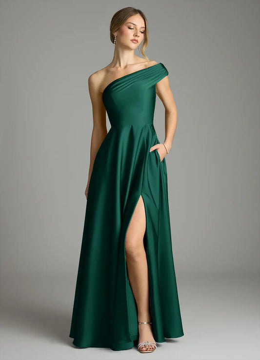 One-Shoulder Satin High Slit Floor-Length Wedding Dress - Yihuiw by Yihuiw