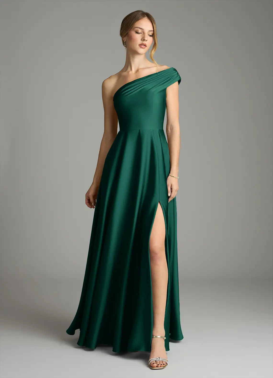 One-Shoulder Satin High Slit Floor-Length Wedding Dress - Yihuiw by Yihuiw
