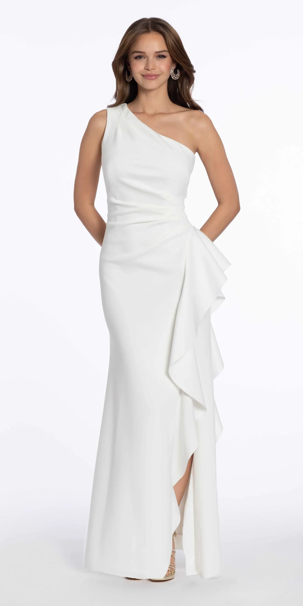 One-Shoulder Ruched Mermaid Evening Dresses with Cascading Ruffle and Side Slit