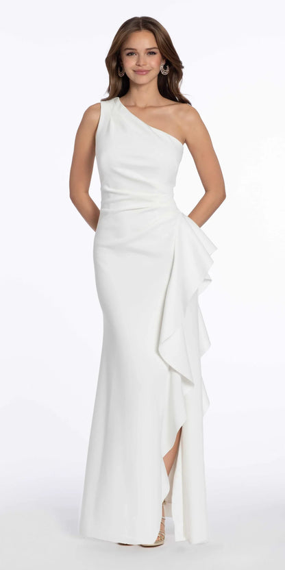 One-Shoulder Ruched Mermaid Evening Dresses with Cascading Ruffle and Side Slit