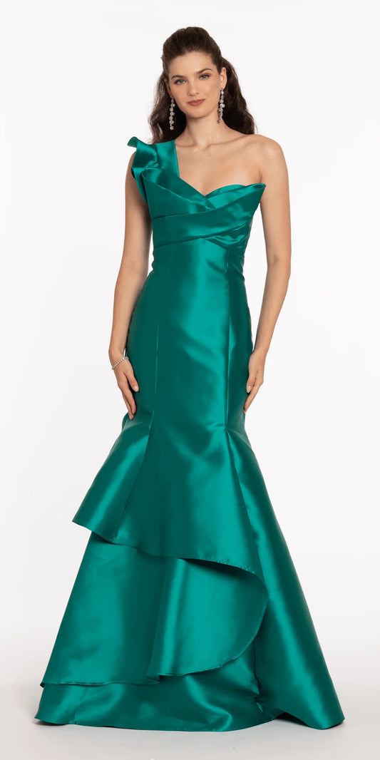 One-Shoulder Satin Mermaid Evening Dresses with Ruffle Tier and Open Back
