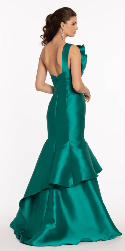 One-Shoulder Satin Mermaid Evening Dresses with Ruffle Tier and Open Back