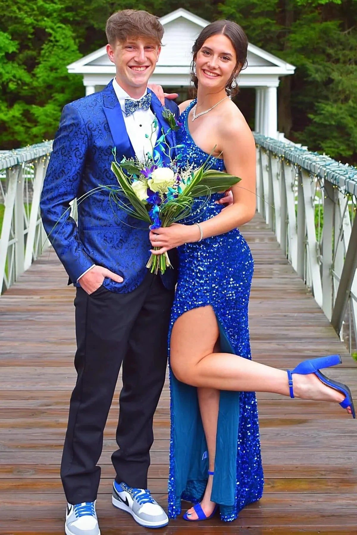 One-Shoulder Sequin Prom Dress with High Thigh Slit, Low Open Back & Mini Train Detailing by JiMiss Dresses