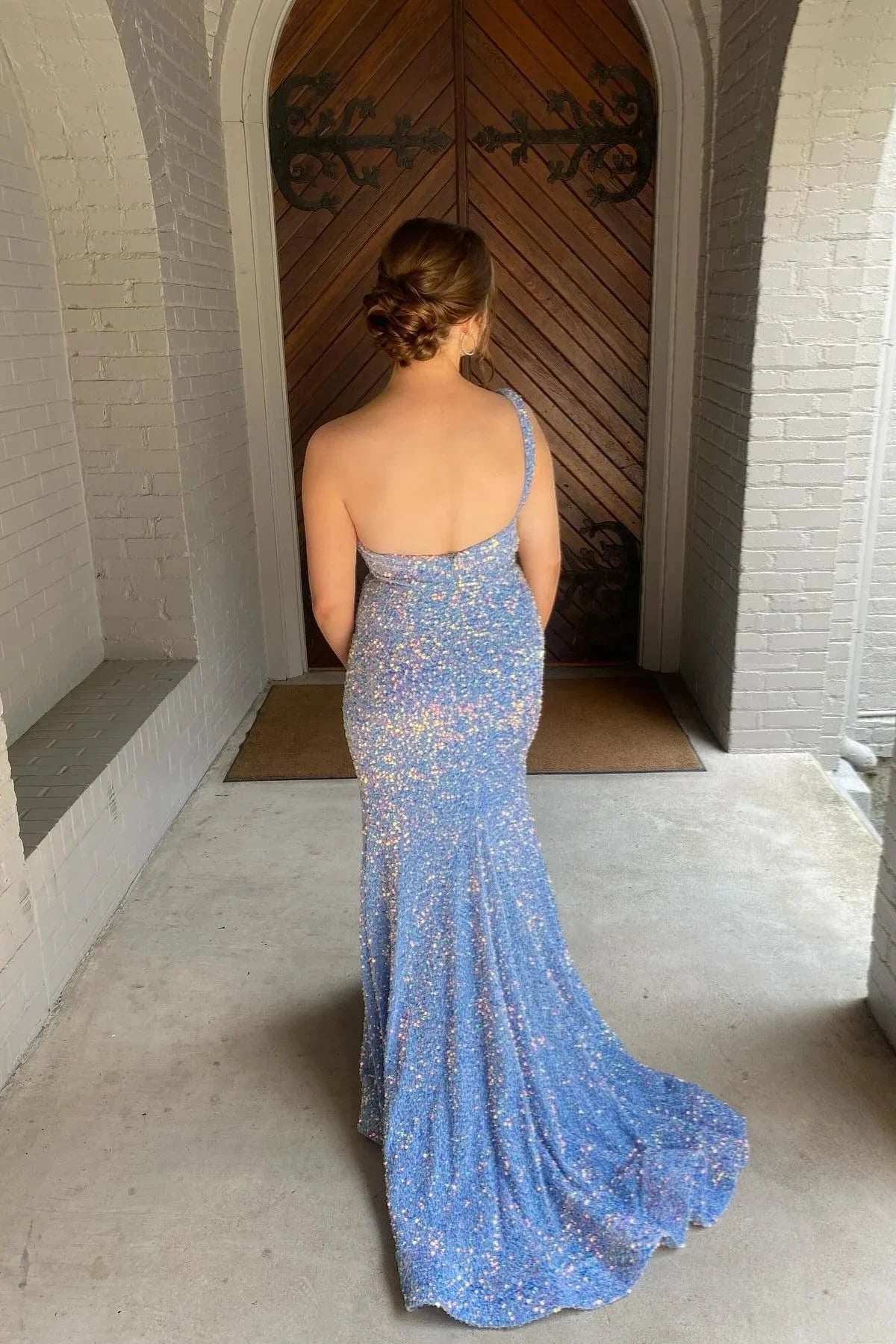One-Shoulder Sequin Prom Dress with High Thigh Slit, Low Open Back & Mini Train Detailing by JiMiss Dresses