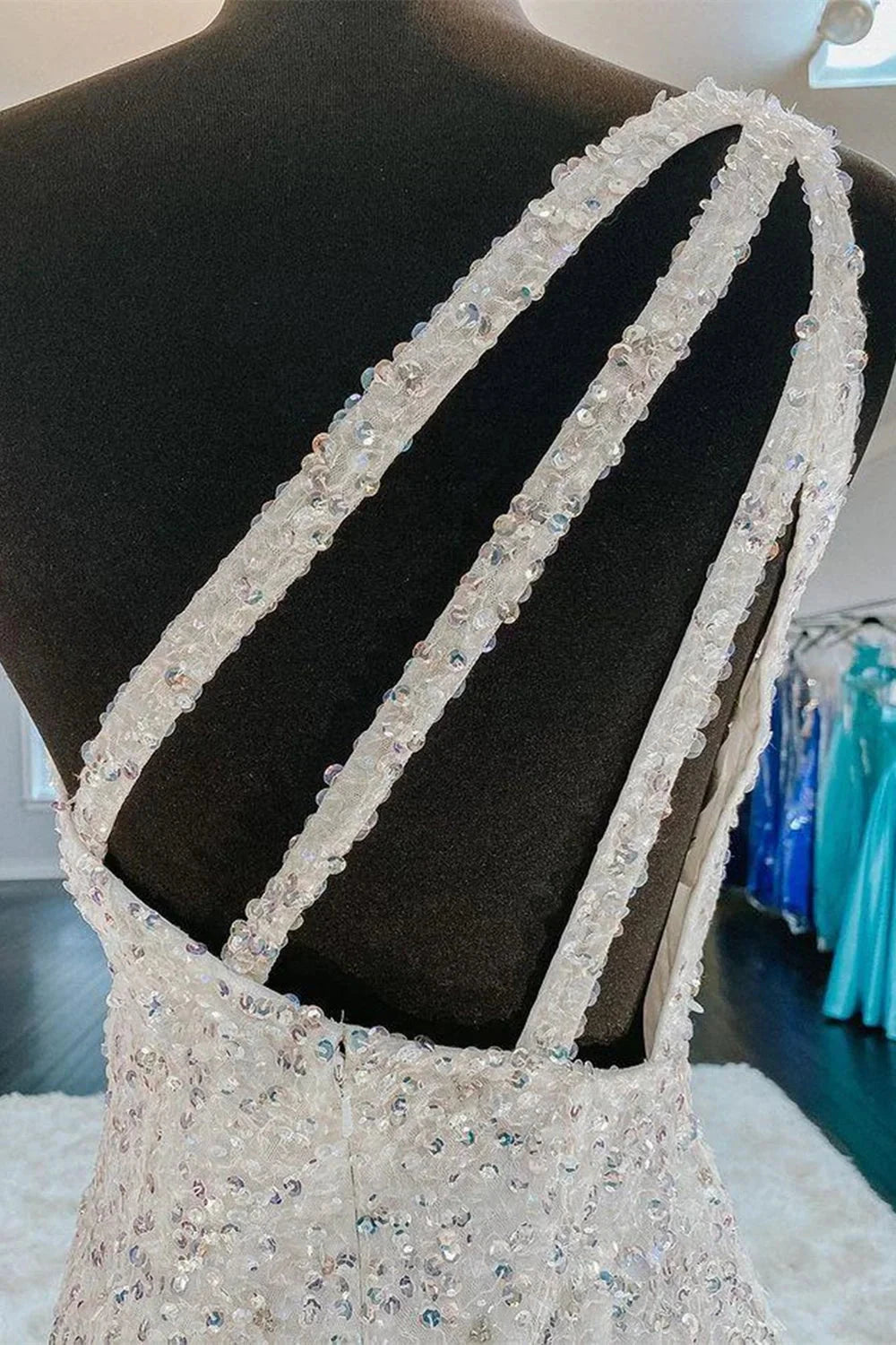 One Shoulder Mermaid Sequins Ivory Long Prom Dress Open Back Formal Dress,Sequins Sexy Evening Dresses simple gentle atmospheric and unique desi Bring summer colors to enhance whiteness by YiHuiw