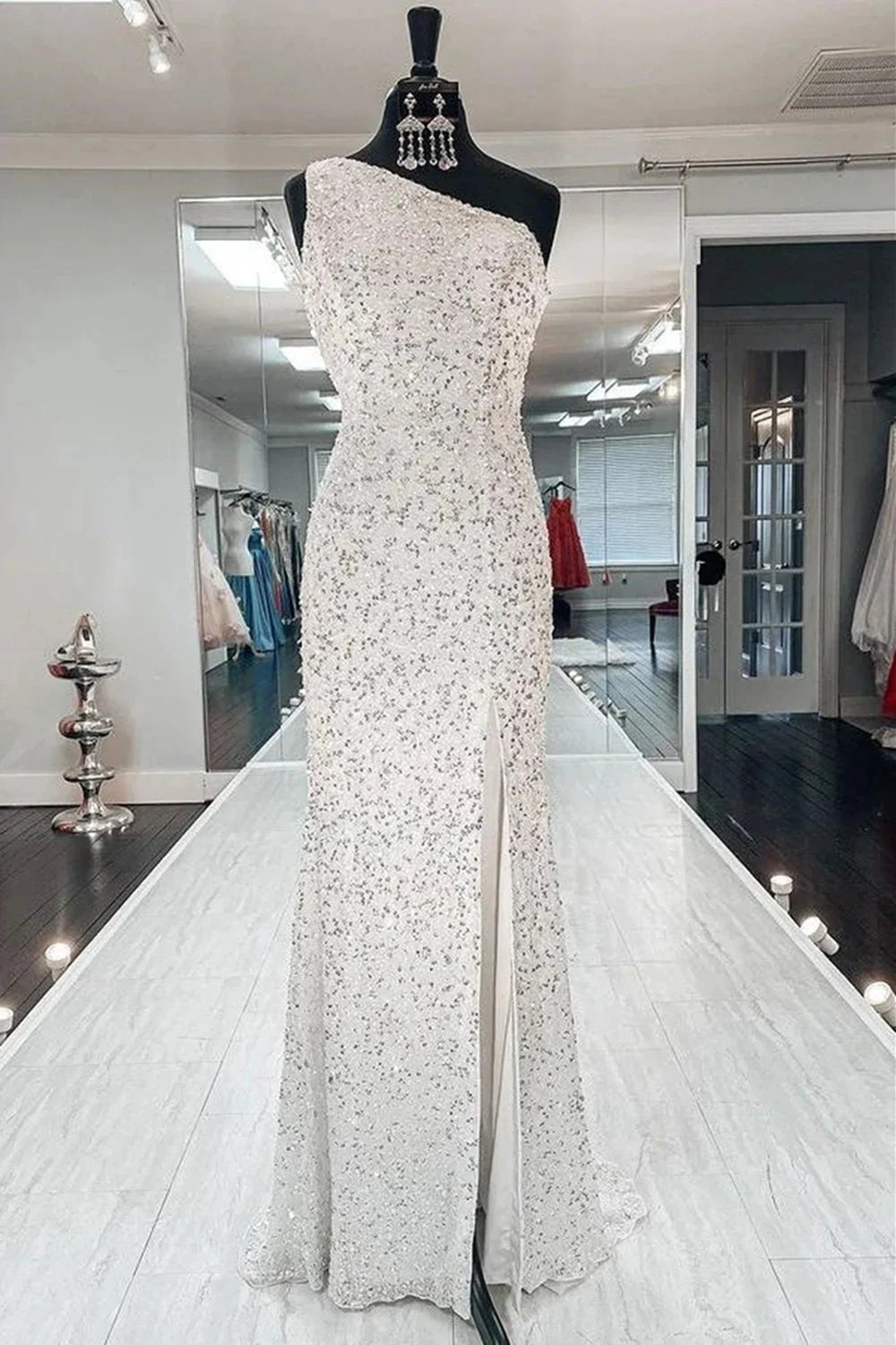 One Shoulder Mermaid Sequins Ivory Long Prom Dress Open Back Formal Dress,Sequins Sexy Evening Dresses simple gentle atmospheric and unique desi Bring summer colors to enhance whiteness by YiHuiw