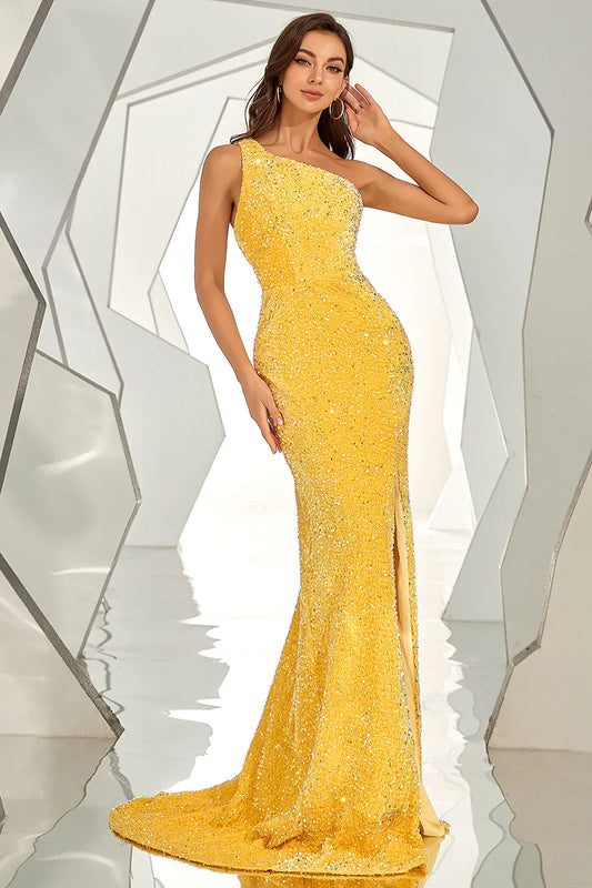 Yellow Sequin Mermaid Prom Dress with One-Shoulder Neckline and High Slit – Glamorous Formal Evening Gown