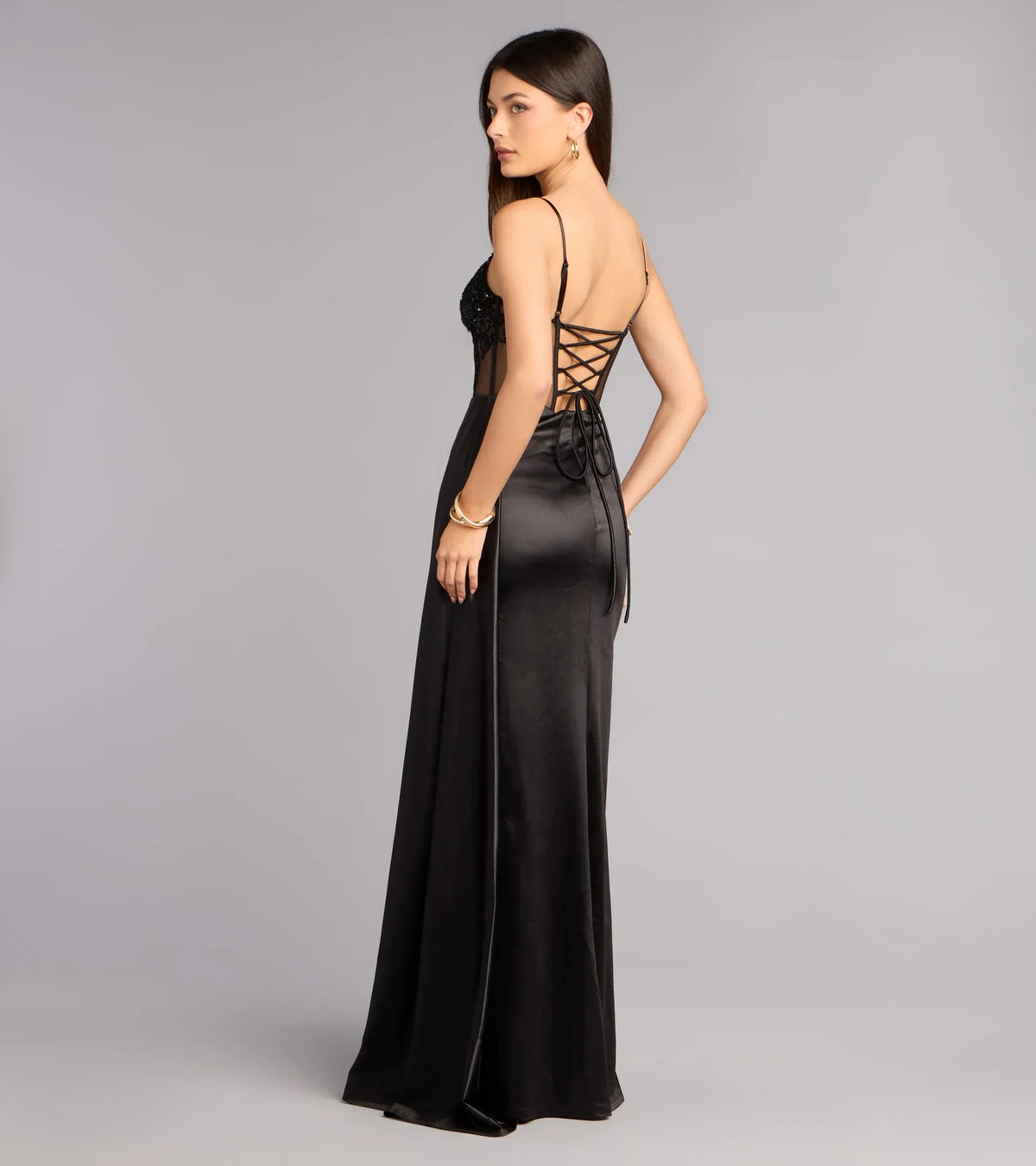 V-Neck Lace High Slit Floor-Length Evening Gown - Yihuiw by Yihuiw