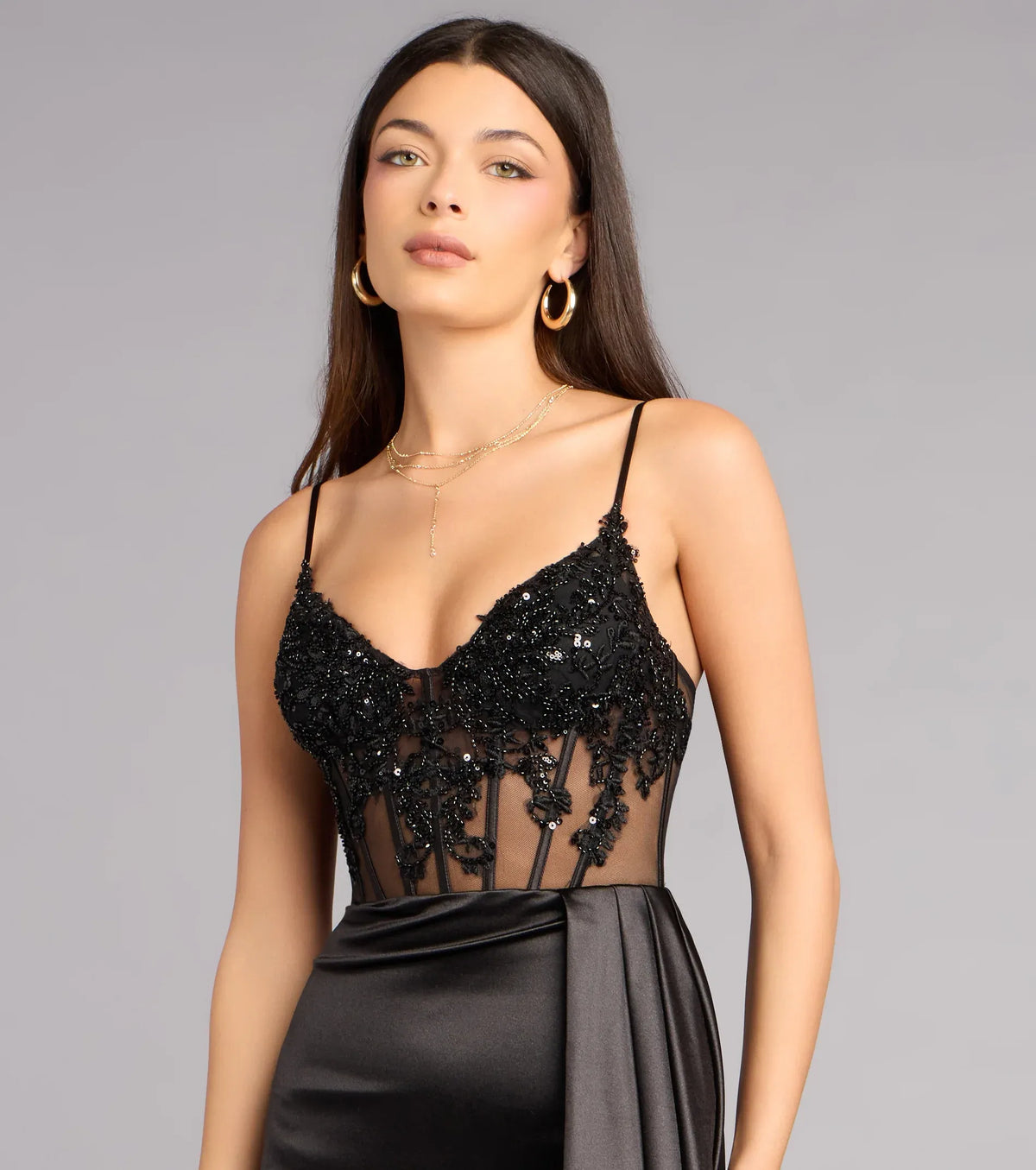 V-Neck Lace High Slit Floor-Length Evening Gown - Yihuiw by Yihuiw